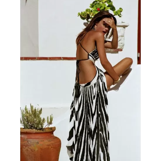 Printed Bandage Backless Sexy Maxi Dress