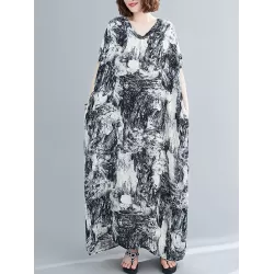 Ethnic Printed Vintage Plus Size V-Neck Loose Casual Dress