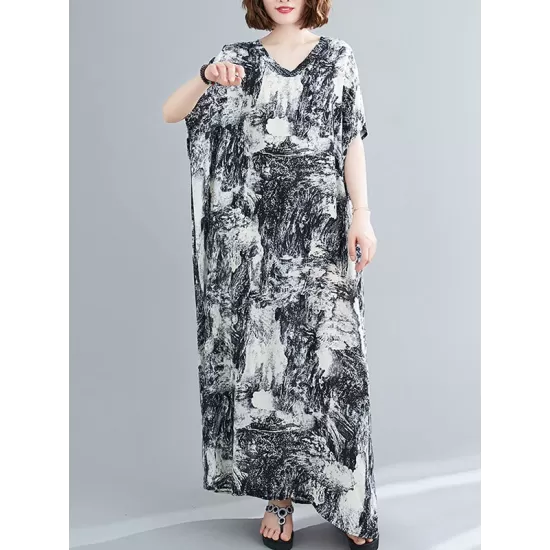 Ethnic Printed Vintage Plus Size V-Neck Loose Casual Dress