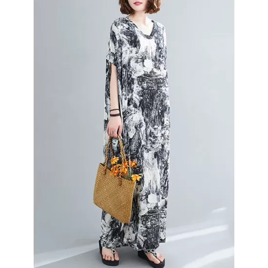 Ethnic Printed Vintage Plus Size V-Neck Loose Casual Dress