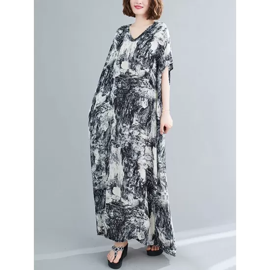 Ethnic Printed Vintage Plus Size V-Neck Loose Casual Dress