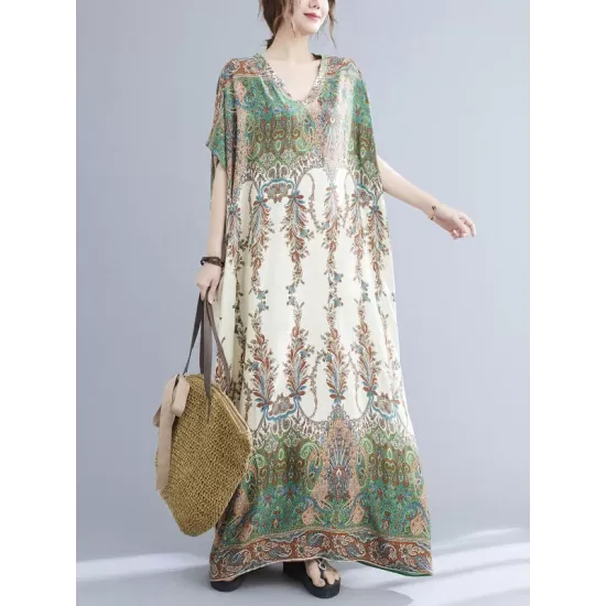 Vintage Floral Printed V-Neck Batwing Sleeves H-Line Maxi Dress