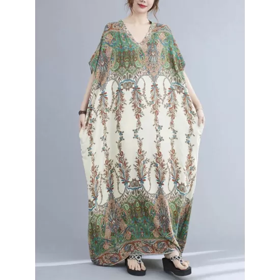 Vintage Floral Printed V-Neck Batwing Sleeves H-Line Maxi Dress