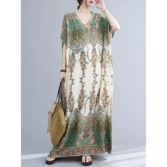 Vintage Floral Printed V-Neck Batwing Sleeves H-Line Maxi Dress