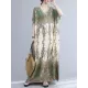 Vintage Floral Printed V-Neck Batwing Sleeves H-Line Maxi Dress