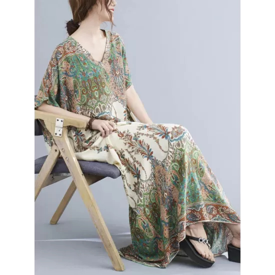 Vintage Floral Printed V-Neck Batwing Sleeves H-Line Maxi Dress