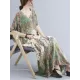 Vintage Floral Printed V-Neck Batwing Sleeves H-Line Maxi Dress