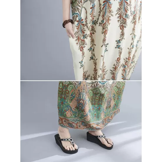 Vintage Floral Printed V-Neck Batwing Sleeves H-Line Maxi Dress