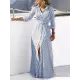 Buttoned Striped Tied Waist High Waisted Long Sleeves V-neck Shirt Dress Maxi Dresses