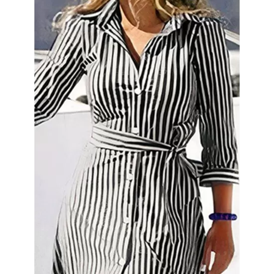 Buttoned Striped Tied Waist High Waisted Long Sleeves V-neck Shirt Dress Maxi Dresses