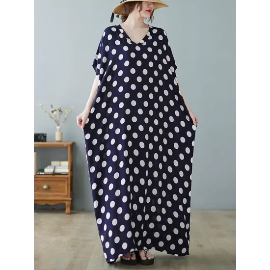 Urban Loose Batwing Sleeves Polka-Dot Printed A-Line Maxi Dress