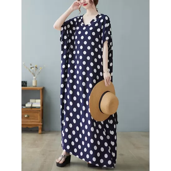 Urban Loose Batwing Sleeves Polka-Dot Printed A-Line Maxi Dress