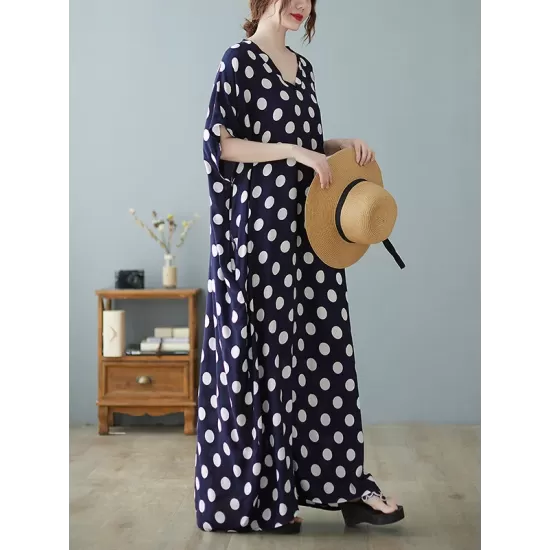 Urban Loose Batwing Sleeves Polka-Dot Printed A-Line Maxi Dress