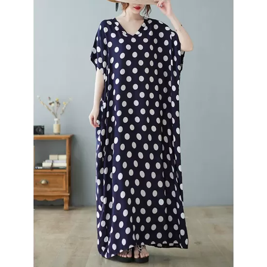 Urban Loose Batwing Sleeves Polka-Dot Printed A-Line Maxi Dress