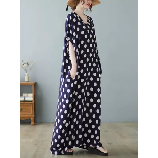 Urban Loose Batwing Sleeves Polka-Dot Printed A-Line Maxi Dress