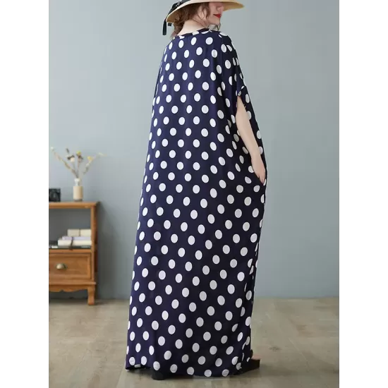 Urban Loose Batwing Sleeves Polka-Dot Printed A-Line Maxi Dress