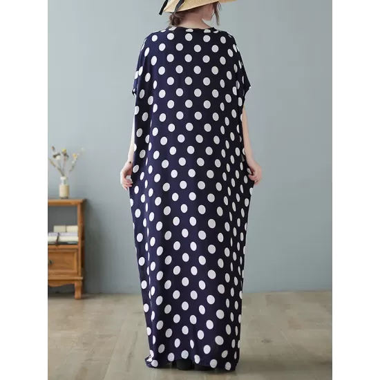 Urban Loose Batwing Sleeves Polka-Dot Printed A-Line Maxi Dress