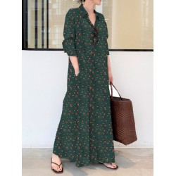 Vintage Printed Lapel Long Sleeve Shirt Maxi Dress