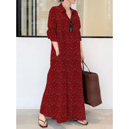 Vintage Printed Lapel Long Sleeve Shirt Maxi Dress