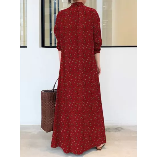 Vintage Printed Lapel Long Sleeve Shirt Maxi Dress