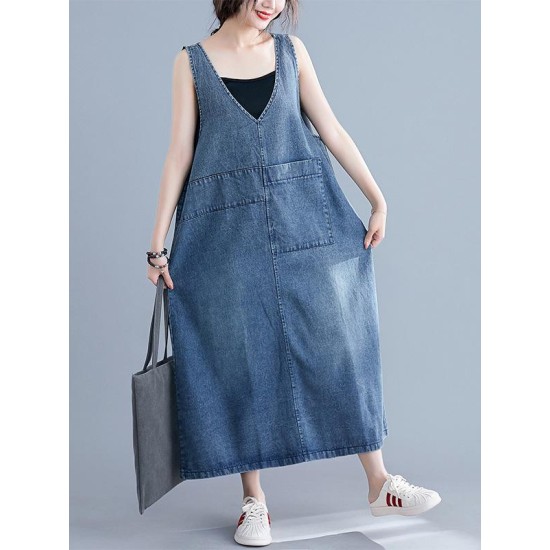 Loose Sleeveless Denim V-Neck Midi Dress