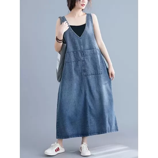 Loose Sleeveless Denim V-Neck Midi Dress