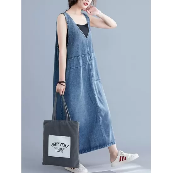 Loose Sleeveless Denim V-Neck Midi Dress