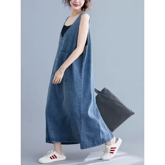 Loose Sleeveless Denim V-Neck Midi Dress