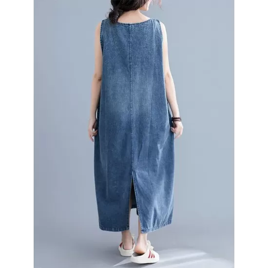 Loose Sleeveless Denim V-Neck Midi Dress