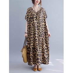 Loose Leopard V-Neck Batwing Sleeves Maxi Dress