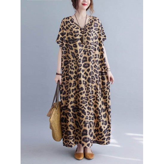 Loose Leopard V-Neck Batwing Sleeves Maxi Dress