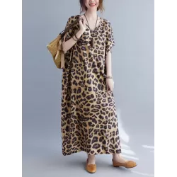 Loose Leopard V-Neck Batwing Sleeves Maxi Dress