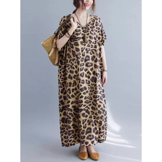 Loose Leopard V-Neck Batwing Sleeves Maxi Dress