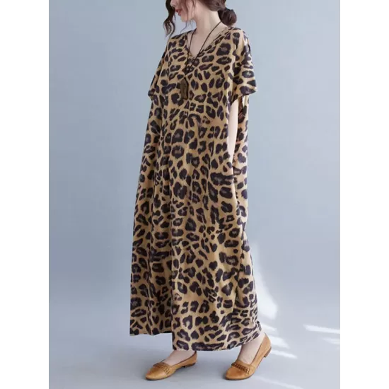 Loose Leopard V-Neck Batwing Sleeves Maxi Dress