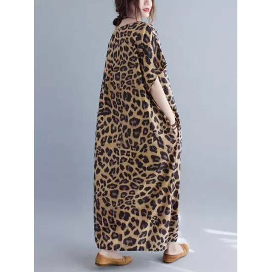 Loose Leopard V-Neck Batwing Sleeves Maxi Dress