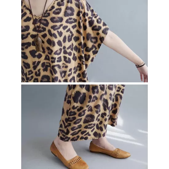 Loose Leopard V-Neck Batwing Sleeves Maxi Dress