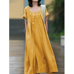 Simple Solid Color U-Neck Pleated Short Sleeves Maxi Dress