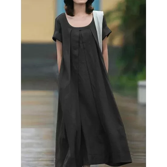 Simple Solid Color U-Neck Pleated Short Sleeves Maxi Dress