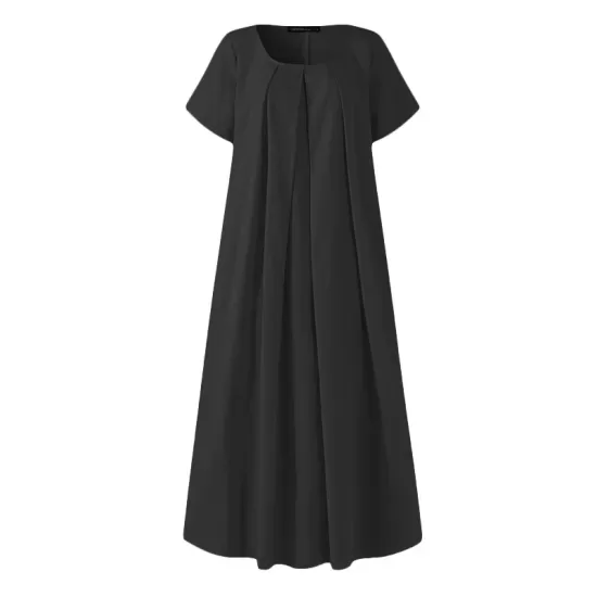 Simple Solid Color U-Neck Pleated Short Sleeves Maxi Dress