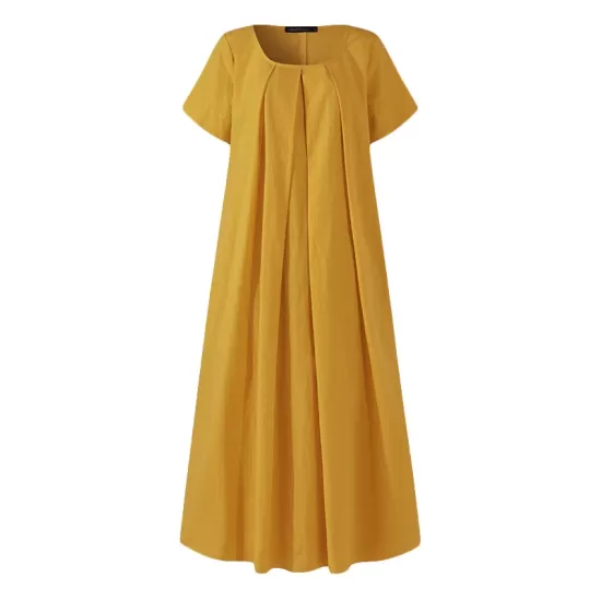 Simple Solid Color U-Neck Pleated Short Sleeves Maxi Dress