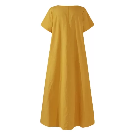 Simple Solid Color U-Neck Pleated Short Sleeves Maxi Dress