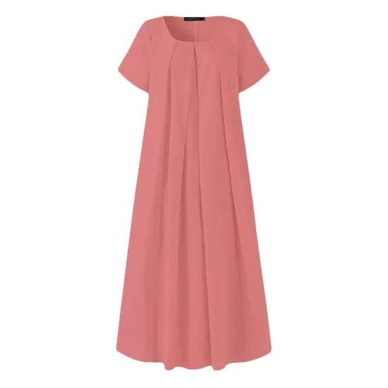 Simple Solid Color U-Neck Pleated Short Sleeves Maxi Dress