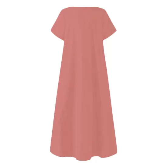 Simple Solid Color U-Neck Pleated Short Sleeves Maxi Dress