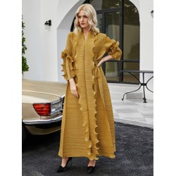 Original Loose Long Sleeves Tied Pleated Falbala Solid Color V-Neck Maxi Dresses