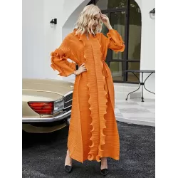 Original Loose Long Sleeves Tied Pleated Falbala Solid Color V-Neck Maxi Dresses