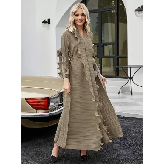 Original Loose Long Sleeves Tied Pleated Falbala Solid Color V-Neck Maxi Dresses