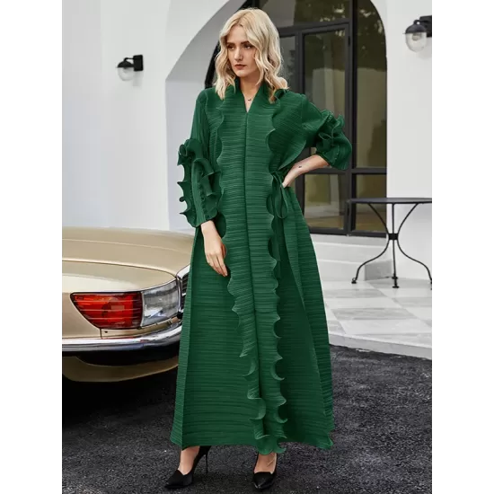 Original Loose Long Sleeves Tied Pleated Falbala Solid Color V-Neck Maxi Dresses