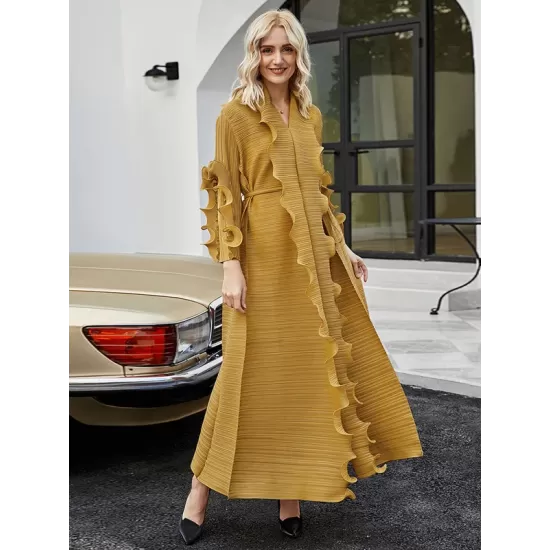 Original Loose Long Sleeves Tied Pleated Falbala Solid Color V-Neck Maxi Dresses