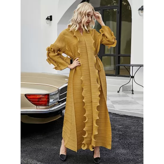 Original Loose Long Sleeves Tied Pleated Falbala Solid Color V-Neck Maxi Dresses