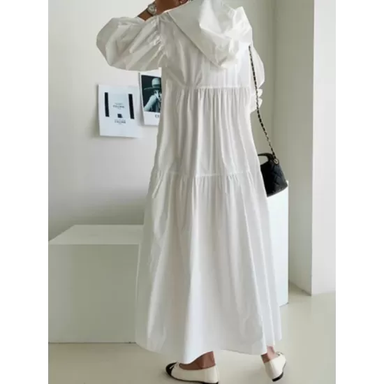 Urban Solid Color Pleated Long Sleeves Hooded Midi Dress